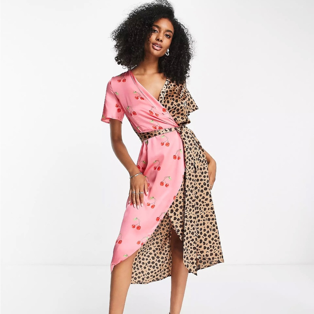 Never Fully Dressed Midi Wrap Dress in Cherry and Leopard